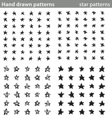 Hand drawn patterns, star patterns. Four different seamless patterns made with hand drawn stars.
