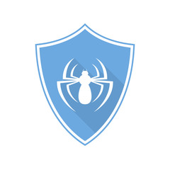 Blue shield with spider icon. Vector illustration