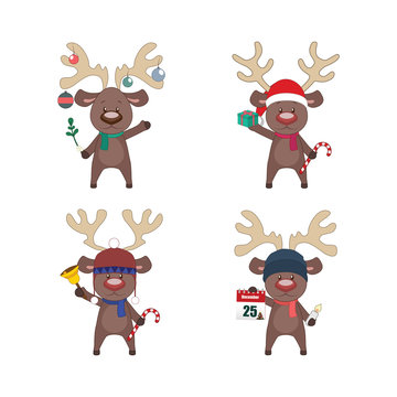 Set of reindeer with different Christmas elements