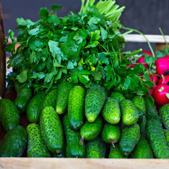 Counter on the market with cucumbers and greens.