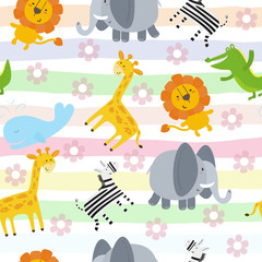 Cute hand drawn funny animals. Seamless pattern.