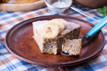Slice of banana cake, selective focus
