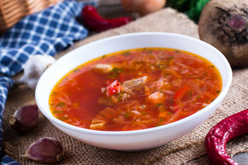 Ukrainian borsch soup on the table