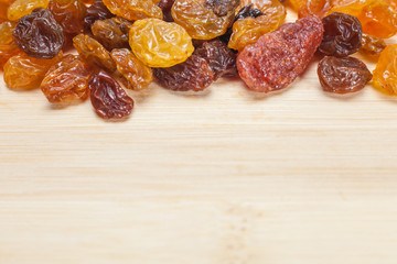 Dried raisins on wooden background background with copy space