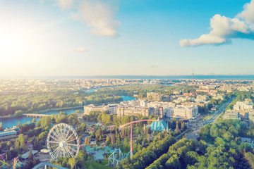 Top view of a beautiful city with an amusement park