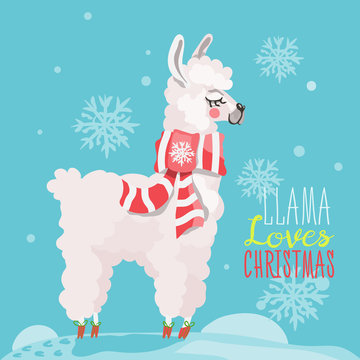 Merry Christmas funny card. Cute, hand drawn llama in cartoon flat style. Beautiful and funny white llama with Christmas traditional red scarf on snowy blue background with falling snowflakes
