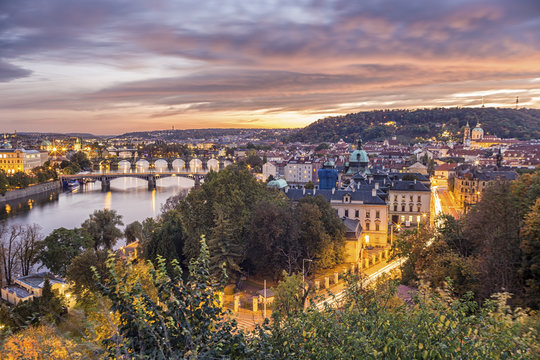 Amazing sunset over Prague cityscape