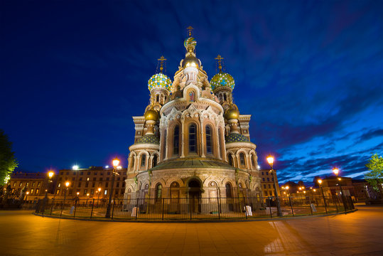 Cathedral of the Resurrection of Christ (Spas-on-the-Blood) in a night landscape. Saint-Petersburg, Russia