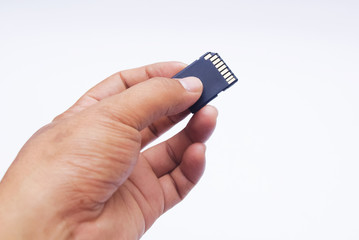 Hand Holding SD Card Over White Background