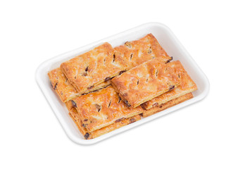 Cookies with raisins and jam in foam food container
