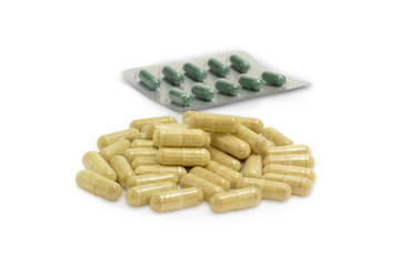 Capsules with dietary supplements against blister pack with medications