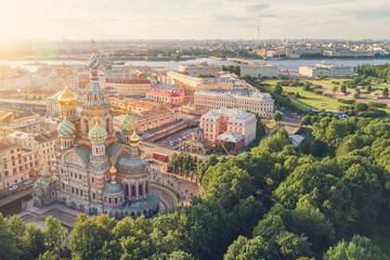 Top view of the Church of the Savior on Spilled Blood in the sunlight, Saint Petersburg, Russia