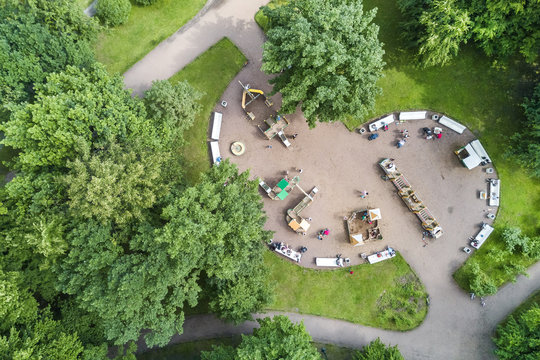 People in the playground in the park, top view