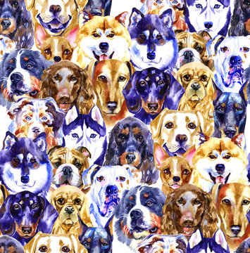 Watercolor illustration set of dogs, seamless pattern isolated on white background