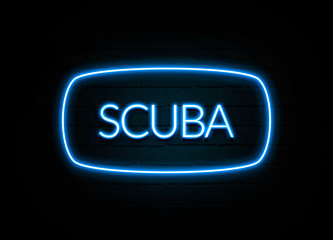 Scuba  - colorful Neon Sign on brickwall