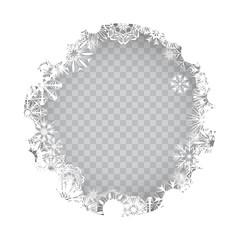 Snowflakes circle frame on a transparent background for your Christmas design. Abstract frost pattern background with place for your text. Vector illustration