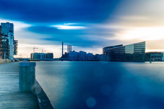 Copenhagen Harbour Islands Brygge Harbour View in Amager Copenhagen Amazing Colours  background with copy space for text or image