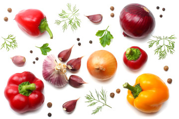 mix of sweet bell pepper, garlic, onion and parsley isolated on white background. top view