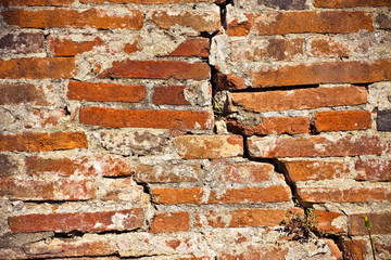 Deep crack in old brick wall - concept image with copy space