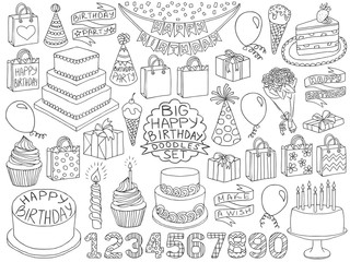 Birthday doodles set anniversary kid birthday sketch symbols