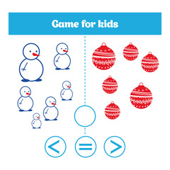 Education logic game for preschool kids. Choose the correct answer. More, less or equal Vector illustration. Christmas Xmas and New Year holidays design.