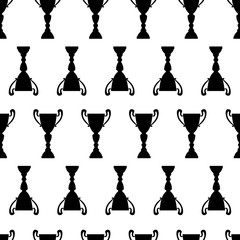 Winner trophy cup seamless pattern. Black simple silhouette texture. Championship prize for first place. Vector illustration.
