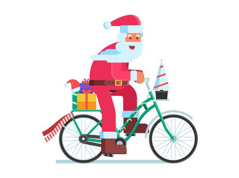 Cartoon Santa Claus riding bicycle with gifts. Christmas bike with Father Frost delivering presents vector illustration isolated on white background.