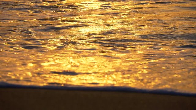 Golden sea wave reflecting sunset. Sand beach in sunset lights. 4K, UHD