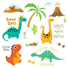 Obraz premium Dinosaur footprint, Volcano, Palm tree and other design elements