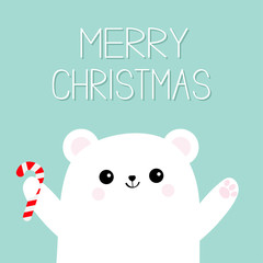 Merry Christmas. Polar white bear cub holding candy cane stick. Reaching for a hug. Cute cartoon baby character. Open hand ready for a hugging Arctic animal. Flat design. Winter background.