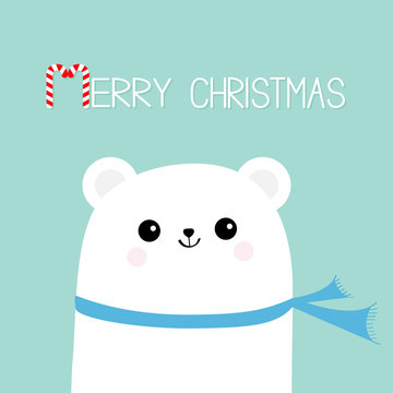 Merry Christmas Candy cane. Polar white bear cub head face wearing scarf. Cute cartoon smiling baby character. Arctic animal collection. Flat design. Winter blue background.
