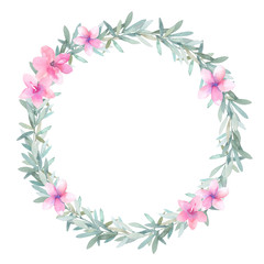Watercolor leaves wreath. Hand drawn isolated border
