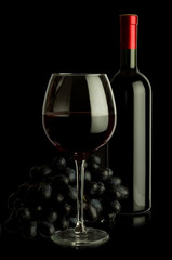 bottle of wine and grapes isolated