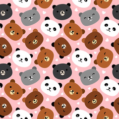 Cute Bear Seamless Pattern, Cartoon Hand Drawn, Vector illustration