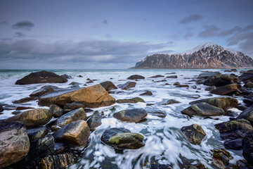 Rocky coast of fjord in Norway