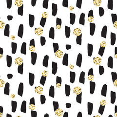 Black paint brushstrokes with glitter dots seamless vector pattern. Acrylic brush glam smears artistic background.