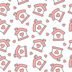 Hand Drawn Cute Home with Heart Seamless Pattern Background, Vector illustration