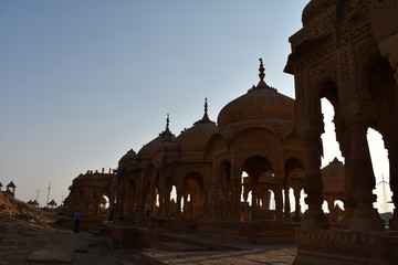 Fototapeta na wymiar beautiful ancient cenotaphs of rawal kings in bada baagh jaisalmer rajasthan india