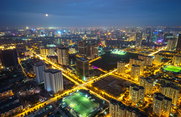 Aerial skyline view of Hanoi cityscape at twilight. Tu Liem district, Hanoi, Vietnam