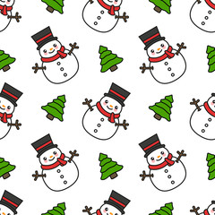 Snowman Seamless Pattern Background with Pine Tree, Christmas Vector illustration