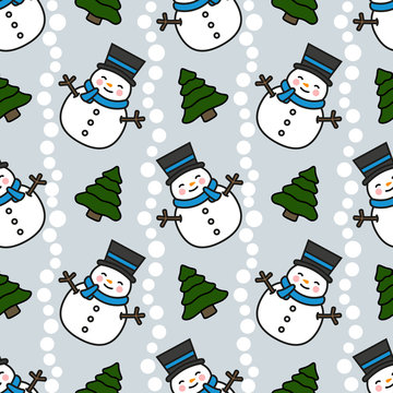 Snowman Seamless Pattern Background with Pine Tree, Christmas Vector illustration