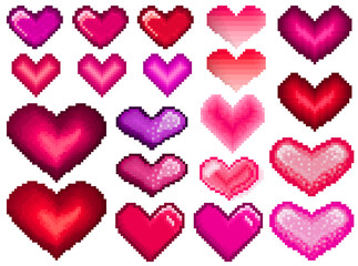 Pixel hearts set love valentines day mosaic trendy icons