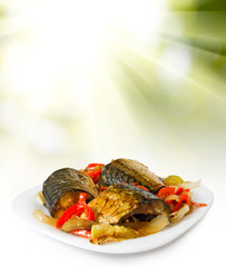isolated image of plate with fish close up