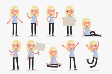 Obraz na płótnie Canvas Female character in casual clothes in different poses: Vector illustration.