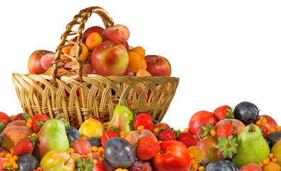 many  fruits and basket close-up