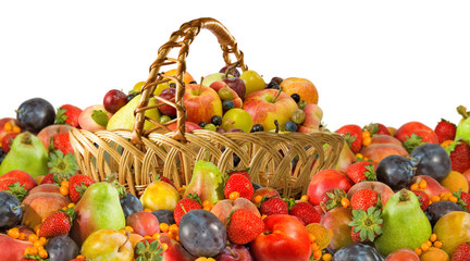 many  fruits and basket close-up