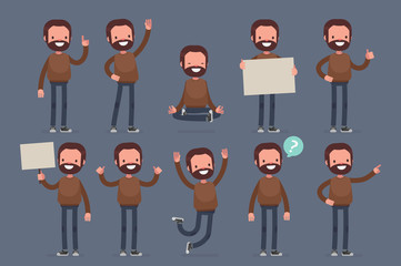 Male character in casual clothes in different poses: Vector illustration.