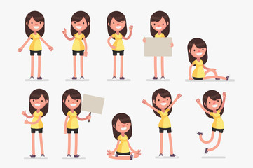 Female character in sport clothes in different poses: Vector illustration.