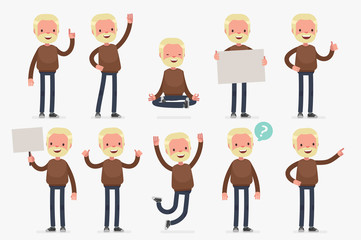 Male character in casual clothes in different poses: Vector illustration.