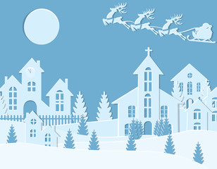 Fototapeta na wymiar New Year's Christmas. An image of Santa Claus and deer. Winter city in the New Year. Snow, moon, trees, houses, church. Cut from paper. illustration